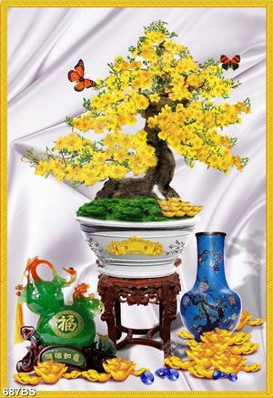 Tranh chậu bonsai cây mai vàng bên chiếc bình gốm in 3d