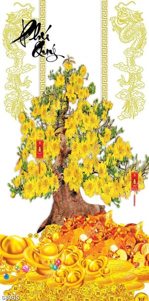 Tranh chậu bonsai tài lộc cây mai vàng bên song long