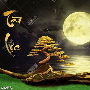 Tranh chậu bonsai cây mai vàng bên ánh trăng về đêm in uv