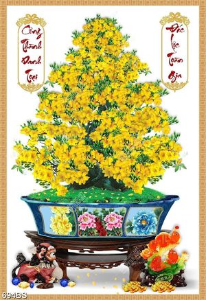 Tranh chậu bonsai nghệ thuật cây mai vàng bên tượng cá chép