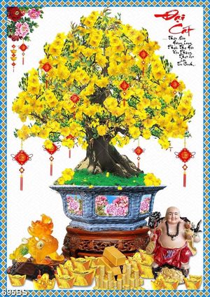 Tranh chậu bonsai dán tường hoa mai vàng bên tượng phật