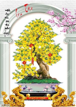 Tranh chậu bonsai psd cây mai vàng bên tượng rồng vàng