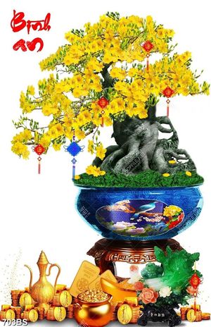 Tranh chậu bonsai cây mai vàng tài lộc bên chữ bình an