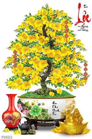 Tranh chậu bonsai cây mai vàng bên bình gốm giả ngọc psd