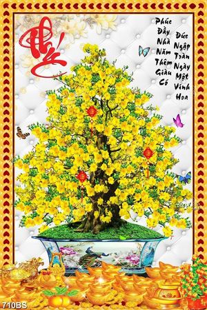 Tranh chậu bonsai trang trí cây mai vàng bên hoa mộc lan