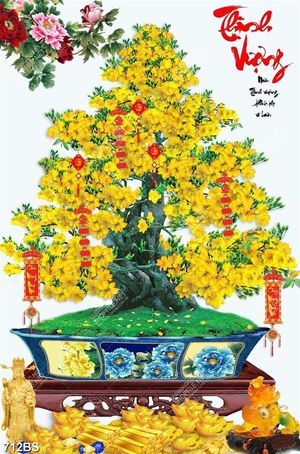 Tranh chậu bonsai treo tường cây mai vàng bên ông tài