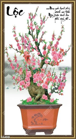 Tranh chậu bonsai phong thủy cây hoa đào khoe sắc thắm