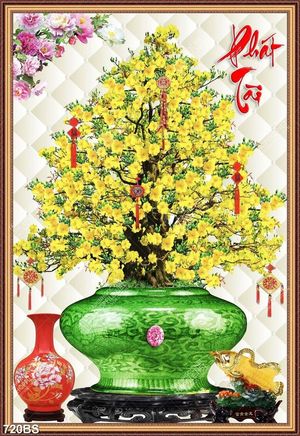 Tranh chậu bonsai trang trí cây mai vàng bên tường cá chép