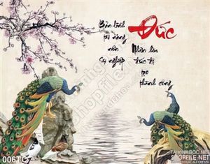 Tranh chim công và hoa đào chữ đức thư pháp 3d