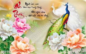 Tranh chim công nhớ ơn thầy và hoa mẫu đơn giả ngọc 3d
