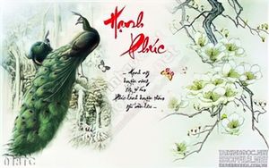 Tranh chim công vẽ tay chữ thư pháp hạnh phúc wall in psd