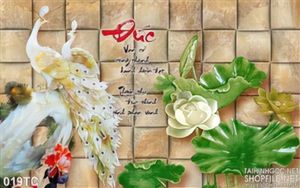 Tranh chim công và hoa sen giả ngọc chữ đức thư pháp