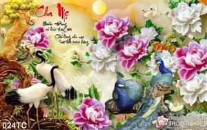 Tranh chim công và chim hạc giả ngọc 3d