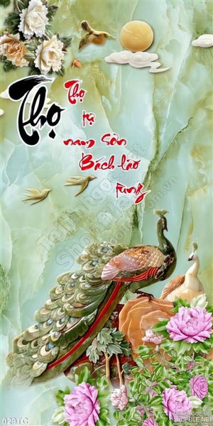 Tranh chim công giả ngọc đậu trên hòn đá chữ thọ 3d