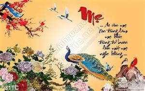 Tranh chim công mẹ chữ thư pháp ấn tượng 3d