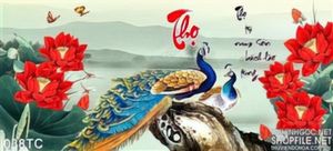 Tranh chim công và hoa sen đỏ đẹp 3d