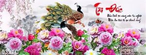 Tranh chim công hoa mẫu đơn và chữ tài đức 3d in uv