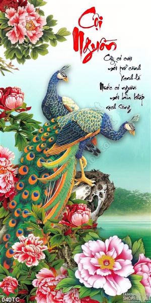 Tranh chim công khổ dọc 3d cội nguồn đẹp