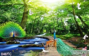 Tranh chim công trong khu rừng già và cây cầu gỗ in uv