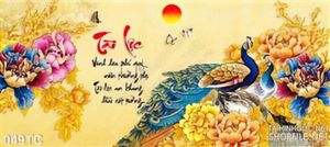 Tranh chim công tài lộc và hoa mẫu đơn