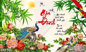 Tranh chim công gia đình và cây tre