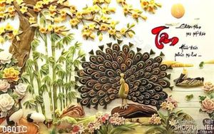 Tranh chim công giả ngọc chữ tâm thư pháp 3d ấn tượng