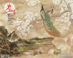 Tranh chim công đậu trên cành hòa đào trắng in uv file lớn