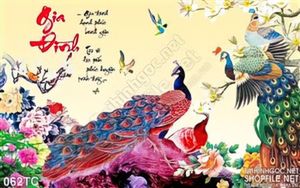 Tranh chim công chữ thư pháp gia đình wall 3d