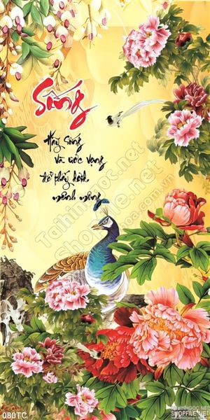 Tranh chim công và hoa mẫu đơn wall in psd