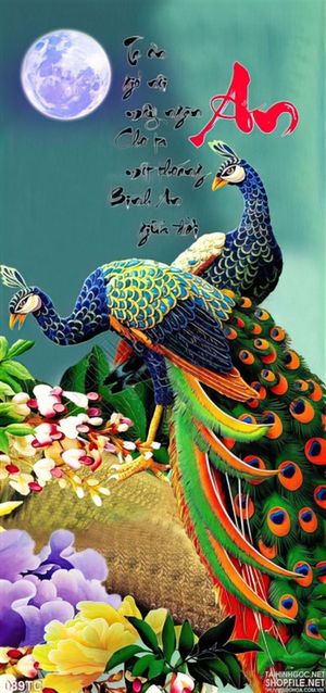 Tranh chim công dưới ánh trắng chữ an