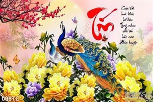 Tranh chim công chữ tín và hoa mẫu đơn vàng