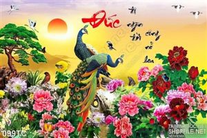 Tranh chim công chữ đức và hoa mẫu đơn
