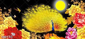 Tranh chim công vàng và hoa mẫu đơn