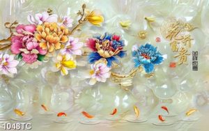 Tranh hoa mẫu đơn và cá chép nền giả ngọc