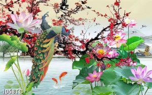 Tranh hoa đào và chim công đẹp