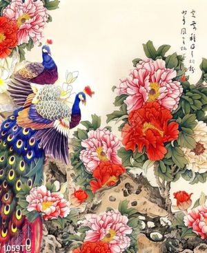 Tranh hoa mẫu đơn và chim công