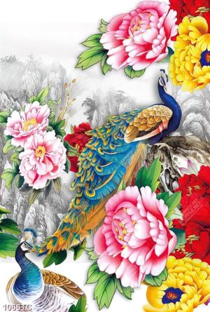 Tranh hoa mẫu đơn và chim công in uv