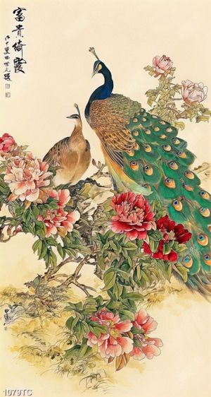 Tranh chim công hoa mẫu đơn