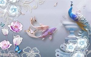 Tranh lụa 3D chim công và cá