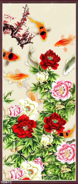 Tranh hoa mẫu đơn và cá chép