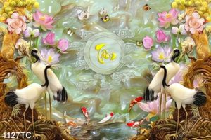 Tranh thư pháp chữ Tâm và chim Hạc nền giả ngọc