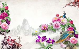 Tranh chim công và hoa mẫu đơn đẹp