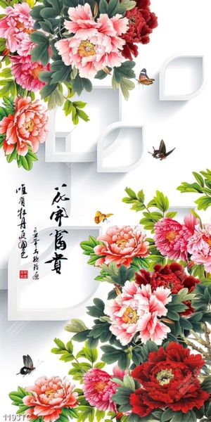 Tranh hoa mẫu đơn thư pháp đẹp