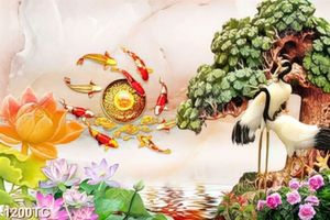 Tranh cá chép koi và chim Hạc