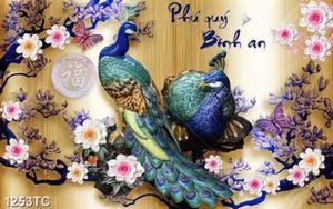 Tranh chim công thư pháp phú quý bình an