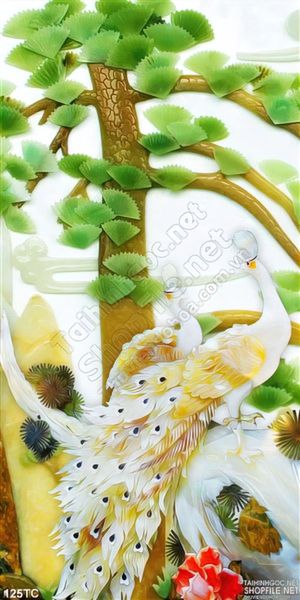 Tranh chim công cây tùng giả ngọc đẹp