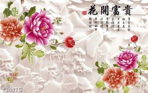 Tranh hoa mẫu đơn thư pháp nền đá phù điêu