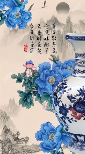 Tranh hoa mẫu đơn xanh thư pháp đẹp