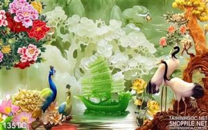 Tranh chim công 3d giả ngọc và con thuyền psd