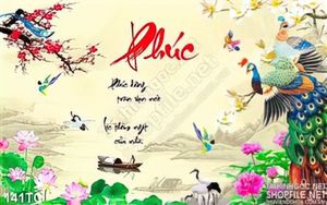 Tranh chim công xòe đuôi chữ phúc đẹp